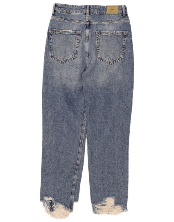 Zara Dame Distressed Straight Jeans EU 36 XS W26 L26 Blå