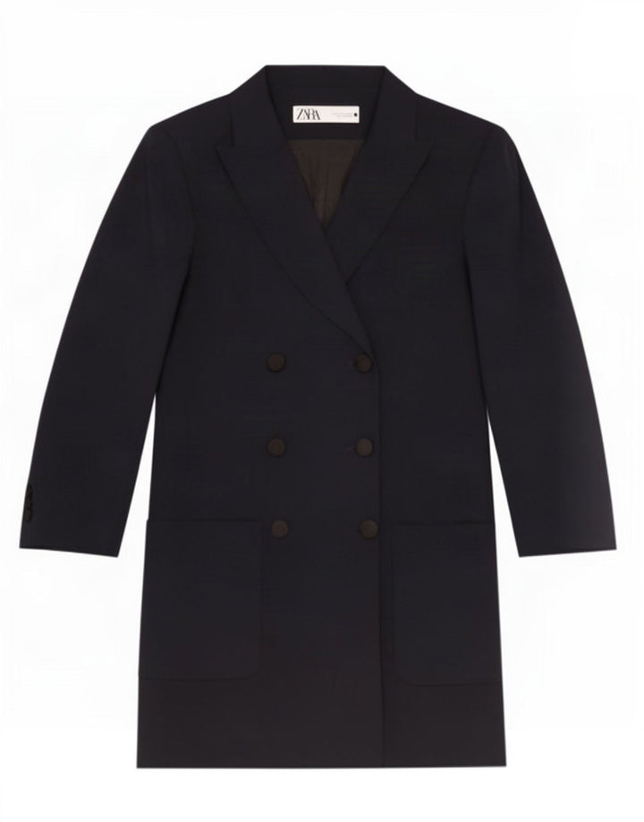 Zara Dame Dobbeltradet Frakke UK 12 Medium Navy Blue Polyester