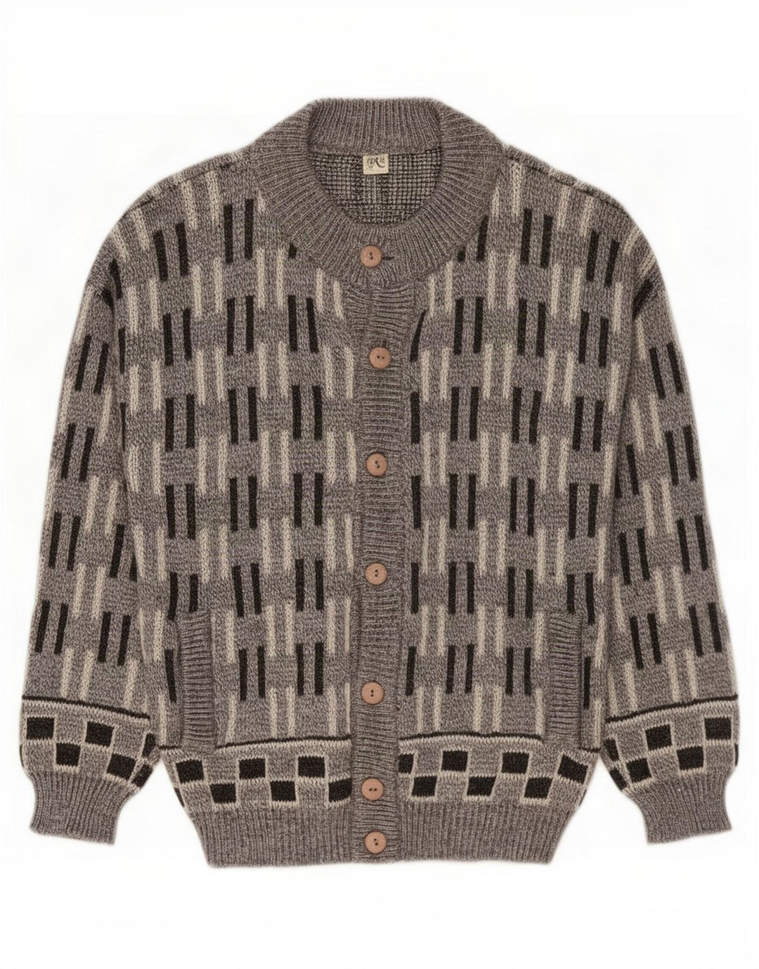 Vintage herre cardigan sweater Stor grå geometrisk uld