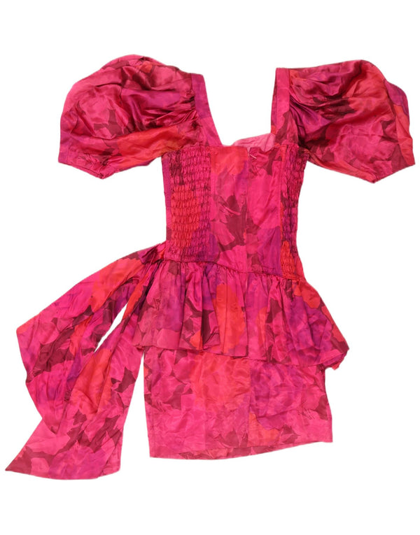 Vintage Dame Peplum Kjole UK 10 Small Pink Floral Acetate