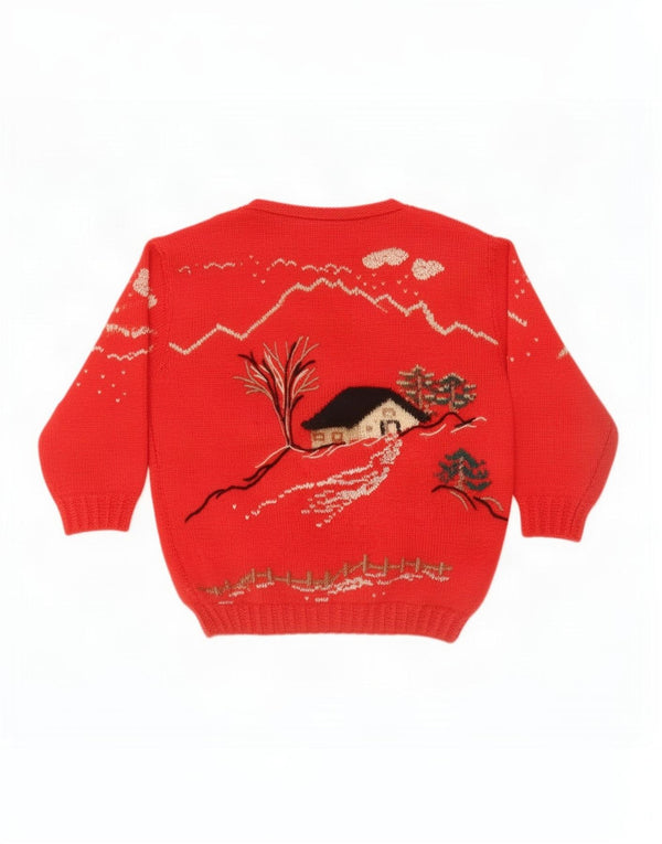 Vintage Dame Grafisk Boat Neck Jumper Sweater UK 16 Large Red