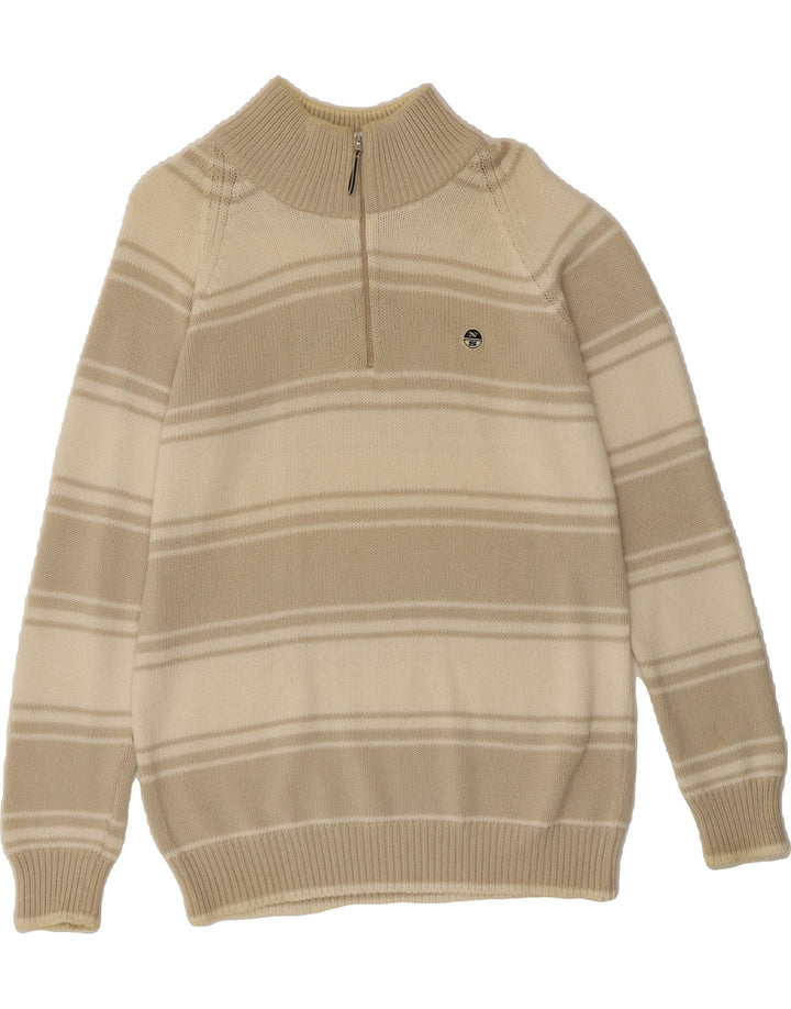 NORTH SAILS Mens Zip Neck Jumper Sweater Medium Beige Striped Vintage North Sails and Second-Hand North Sails from Messina Hembry 