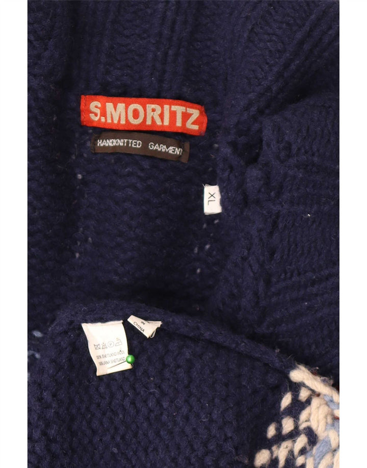 S. Moritz Herre Cardigan Sweater XL Blue Fair Isle Wool