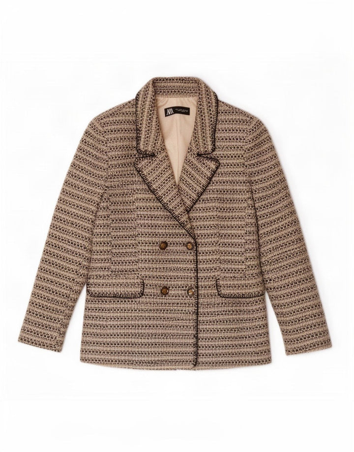 Zara Dame Dobbeltradet Blazer Jacket UK 12 Medium Beige Stribet