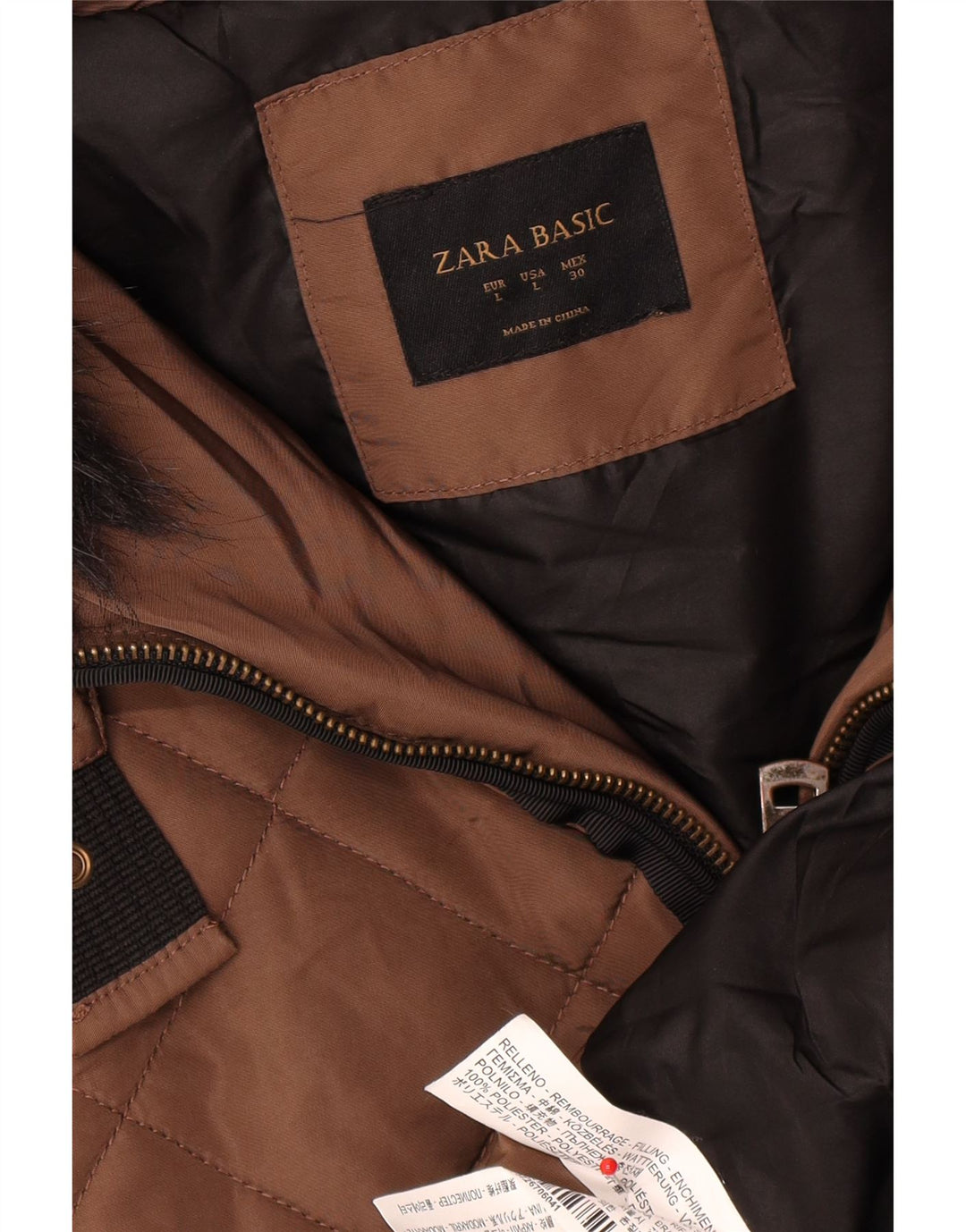 Zara Dame Hætte Polstret Frakke UK 16 Stor Brun Polyester