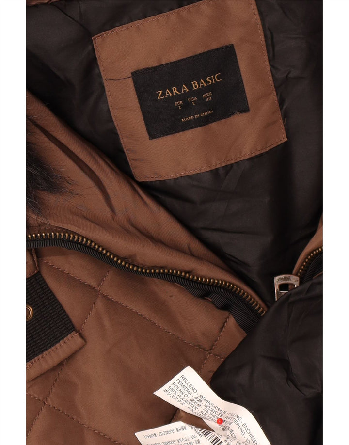 Zara Dame Hætte Polstret Frakke UK 16 Stor Brun Polyester