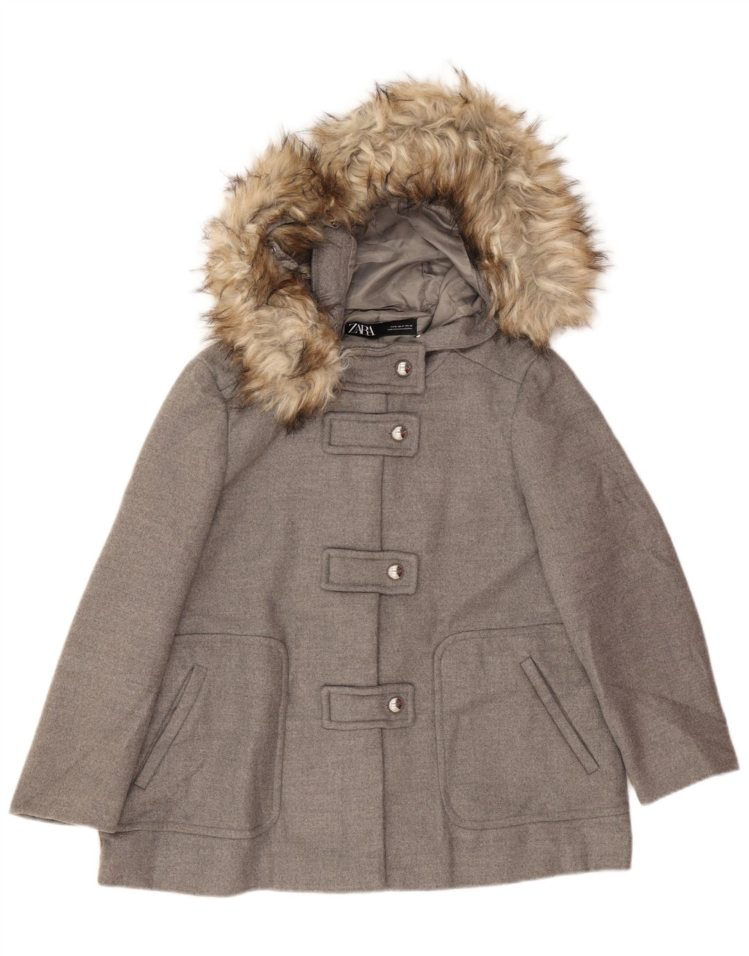 Zara Dame Hætte Overfrakke UK 14 Medium Grey Viscose