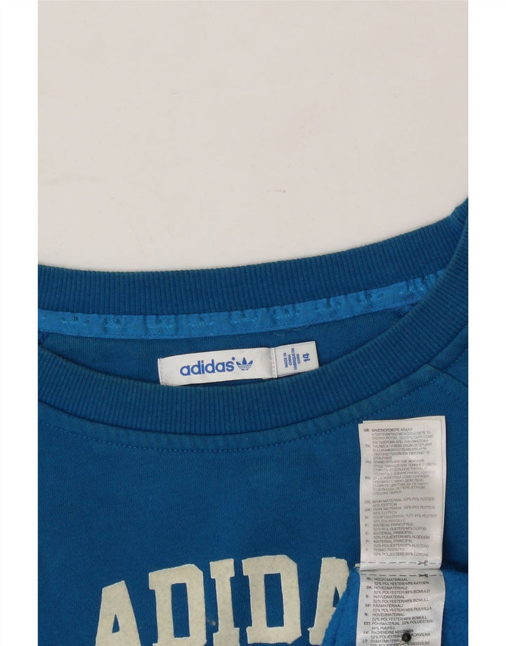 ADIDAS Womens Graphic Sweatshirt Jumper UK 14 Medium Blue Polyester Vintage Adidas and Second-Hand Adidas from Messina Hembry 