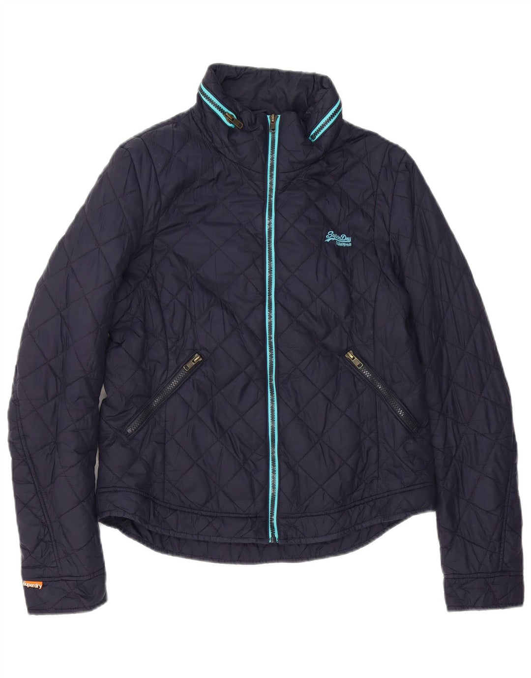 Superdry quiltet jakke med hætte til kvinder UK 14 Stor marineblå nylon