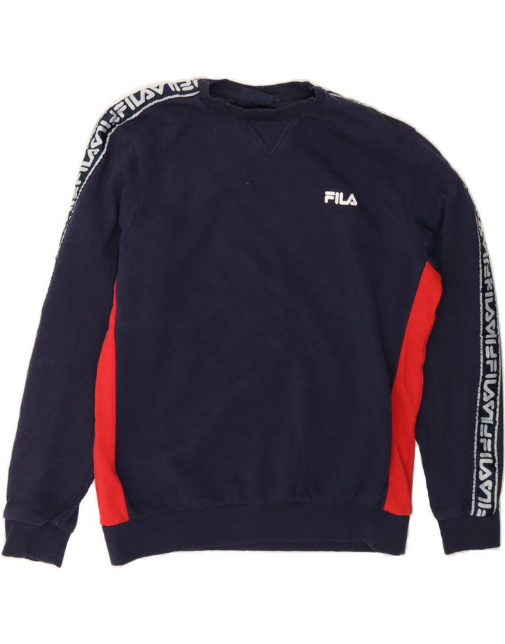 FILA Mens Graphic Sweatshirt Jumper Medium Navy Blue Colourblock Cotton Vintage Fila and Second-Hand Fila from Messina Hembry 