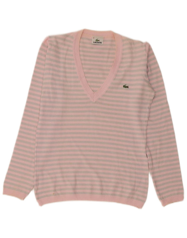 Lacoste Womens V-Neck Jumper Sweater Size 36 Small Pink Striped Cotton