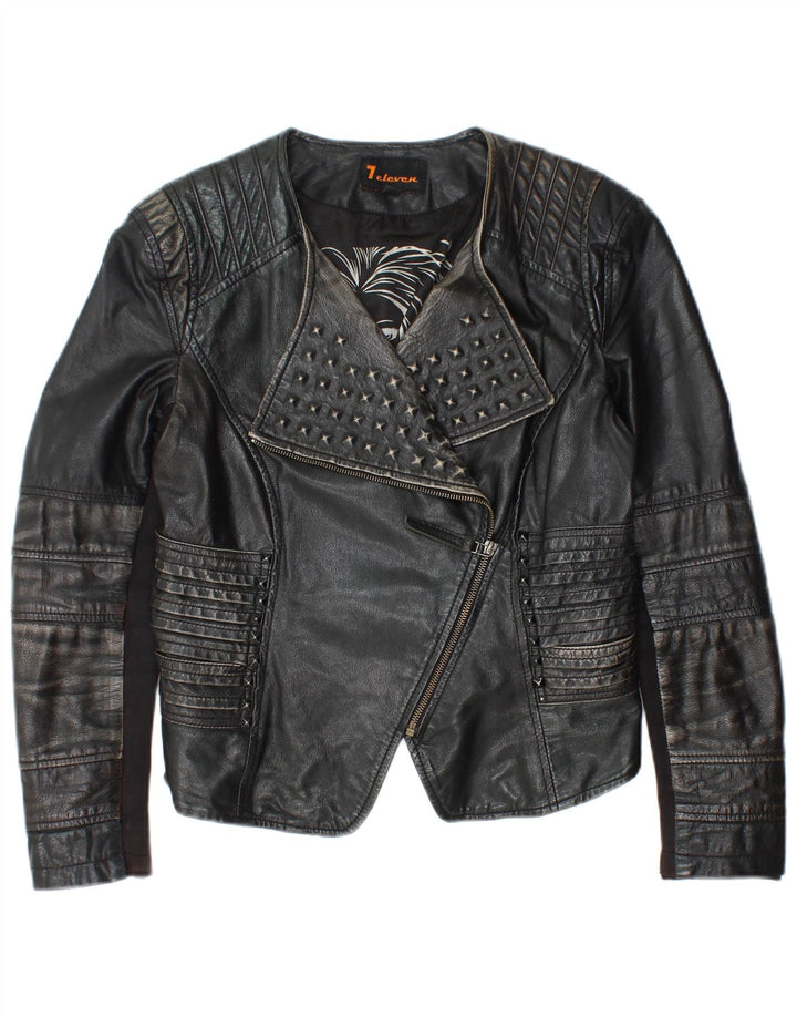 Vintage Dame Crop Læder Biker Jacket IT 40 Lille sort læder