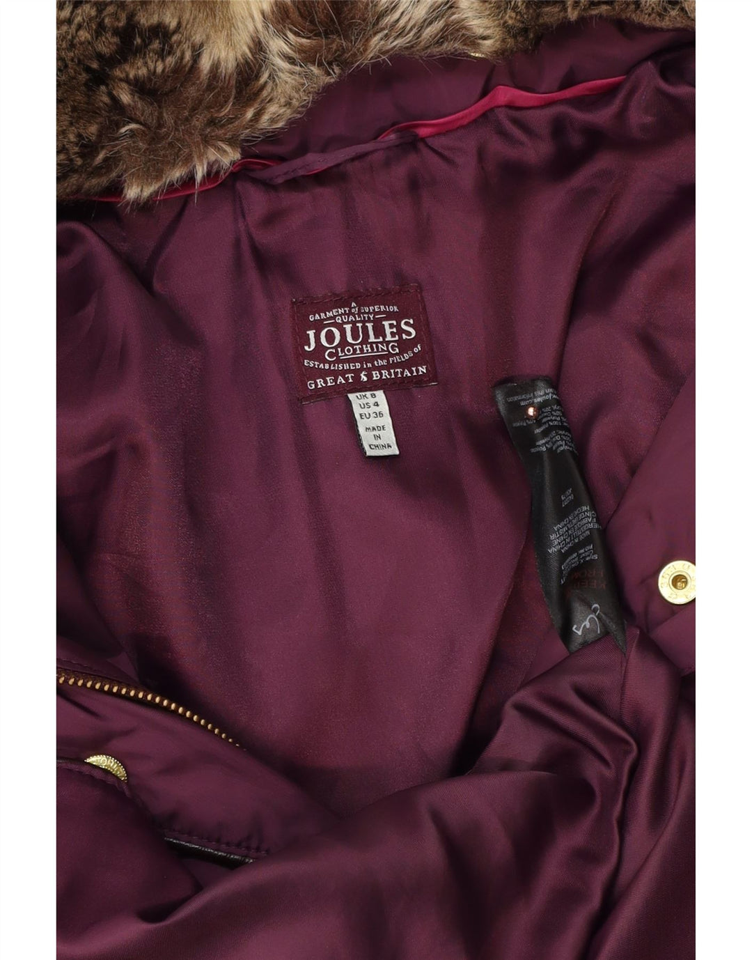 JOULES Womens Oversized hættepolstret frakke UK 8 Lille lilla polyester