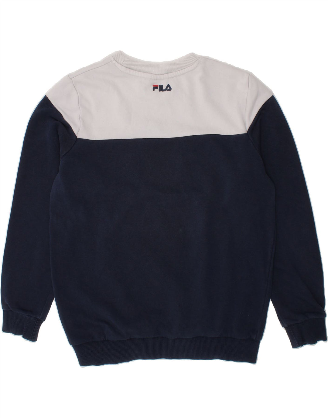 FILA Boys Graphic Sweatshirt Jumper 11-12 Years Navy Blue Colourblock Vintage Fila and Second-Hand Fila from Messina Hembry 