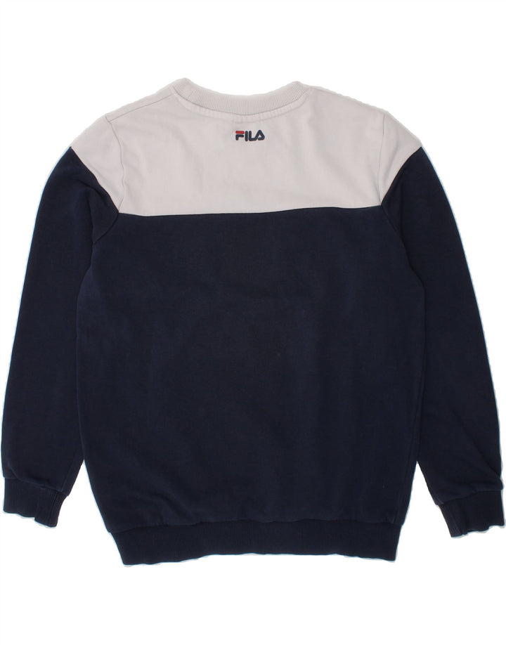 FILA Boys Graphic Sweatshirt Jumper 11-12 Years Navy Blue Colourblock Vintage Fila and Second-Hand Fila from Messina Hembry 