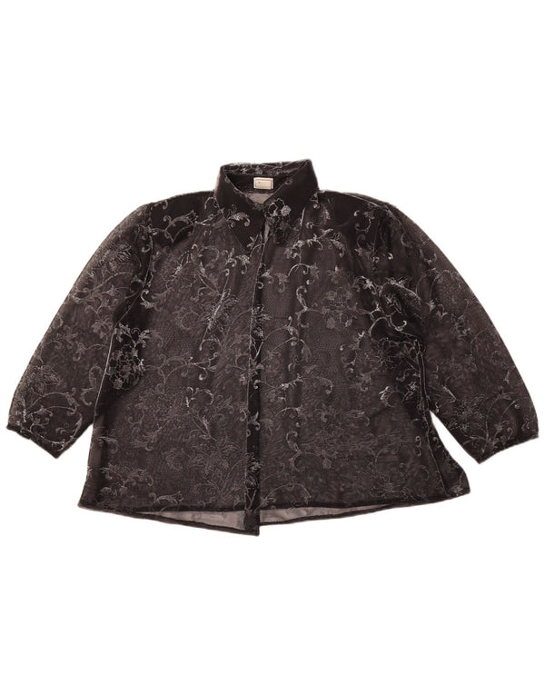 VINTAGE skjortebluse med 3/4 ærmer til kvinder UK 14 Medium Black Floral