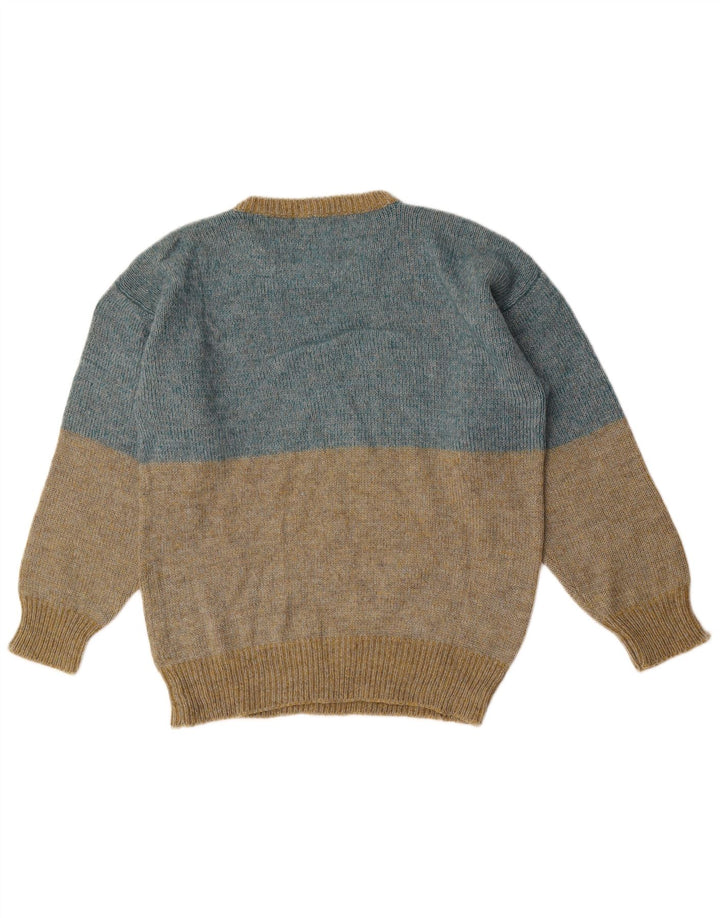 Vintage herre grafisk rund hals sweater mellemblå farveblok