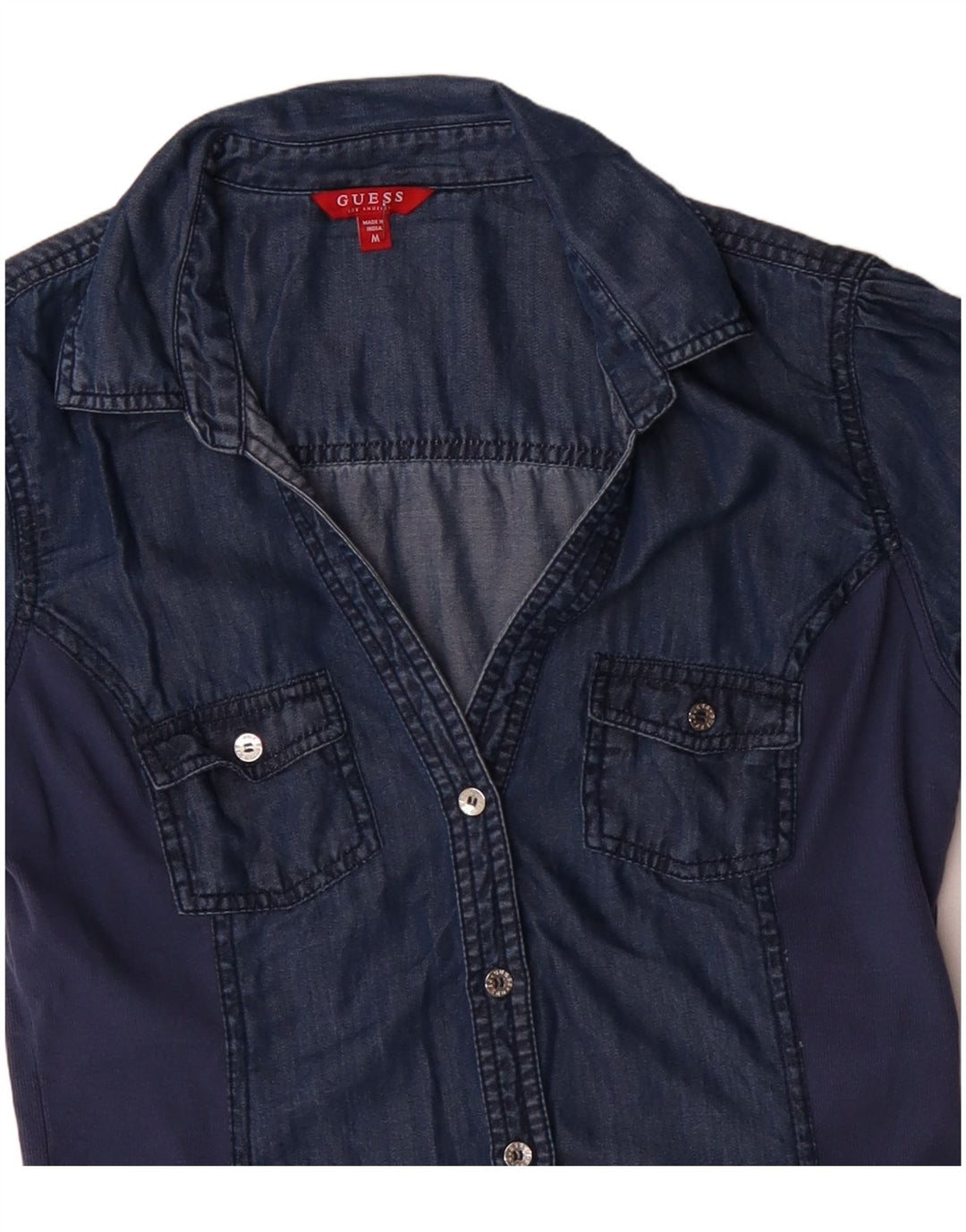 GUESS Dame Kortærmet Denim Shirt Bluse UK 12 Medium Navy Blue Tencel