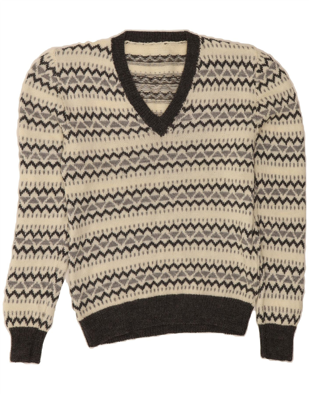 VINTAGE Womens V-Neck Jumper Sweater UK 10 Small Grey Geometric Vintage Vintage and Second-Hand Vintage from Messina Hembry 