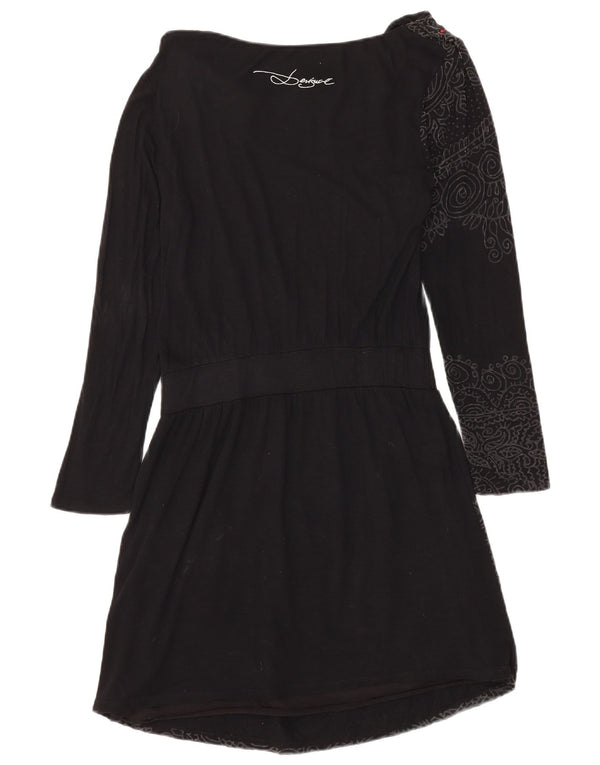 DESIGUAL Kvinder Langærmet Grafisk A-Line Kjole UK 14 Stor Sort Blomster