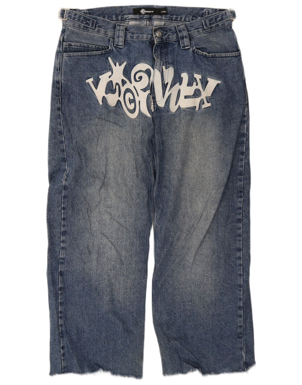 Vintage kvinders grafiske løse jeans store W34 L26 blå bomuld