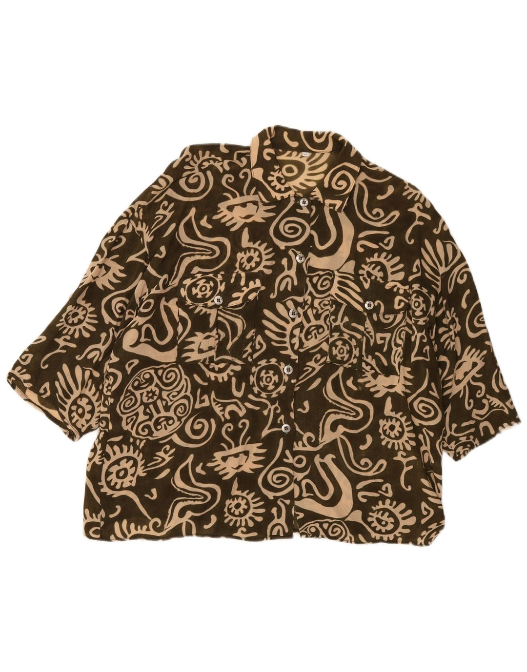 Vintage kvinders oversize abstrakt mønster skjortebluse UK 14 Medium Khaki