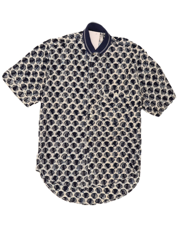 Vintage Mens Abstract Pattern Short Sleeve Shirt Large Navy Blue Cotton