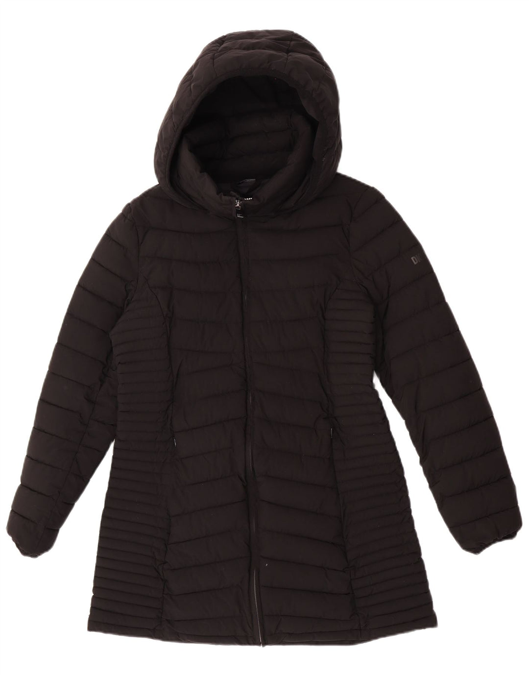 Dkny Dame Hætte Polstret Frakke UK 12 Medium Sort Polyester