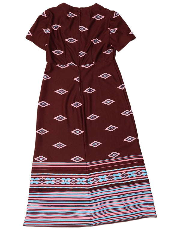 Vintage Dame Maxi Kjole UK 10 Small Burgundy Geometric