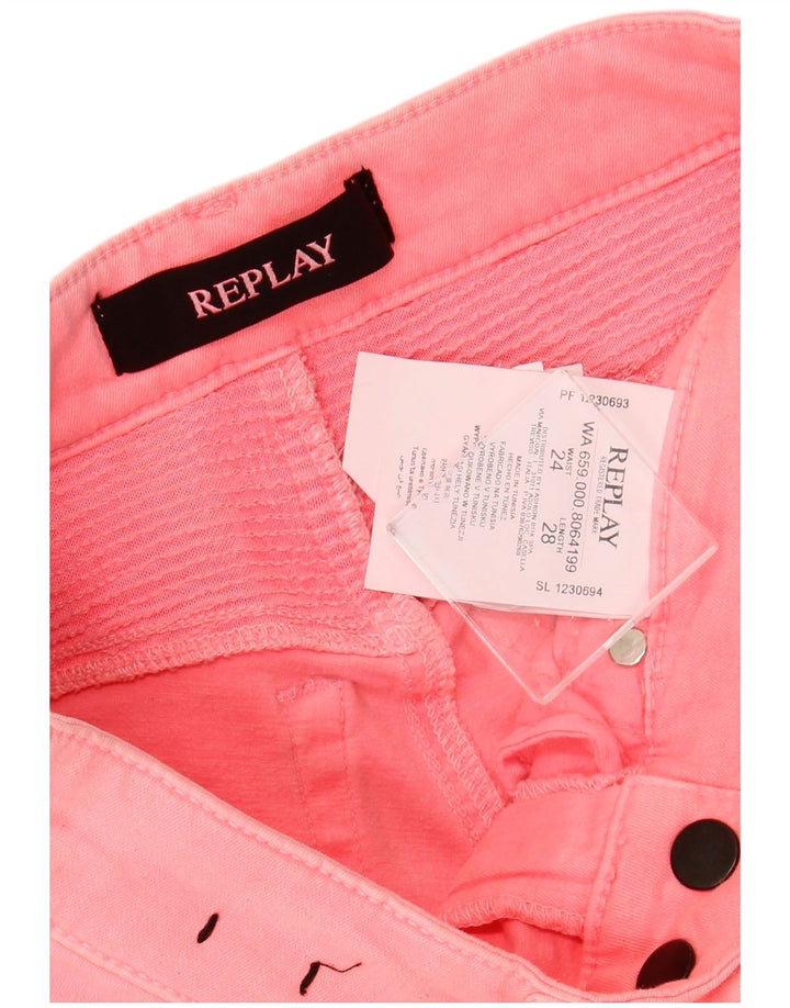 REPLAY Womens Distressed Skinny Jeans W24 L28 Pink Bomuld