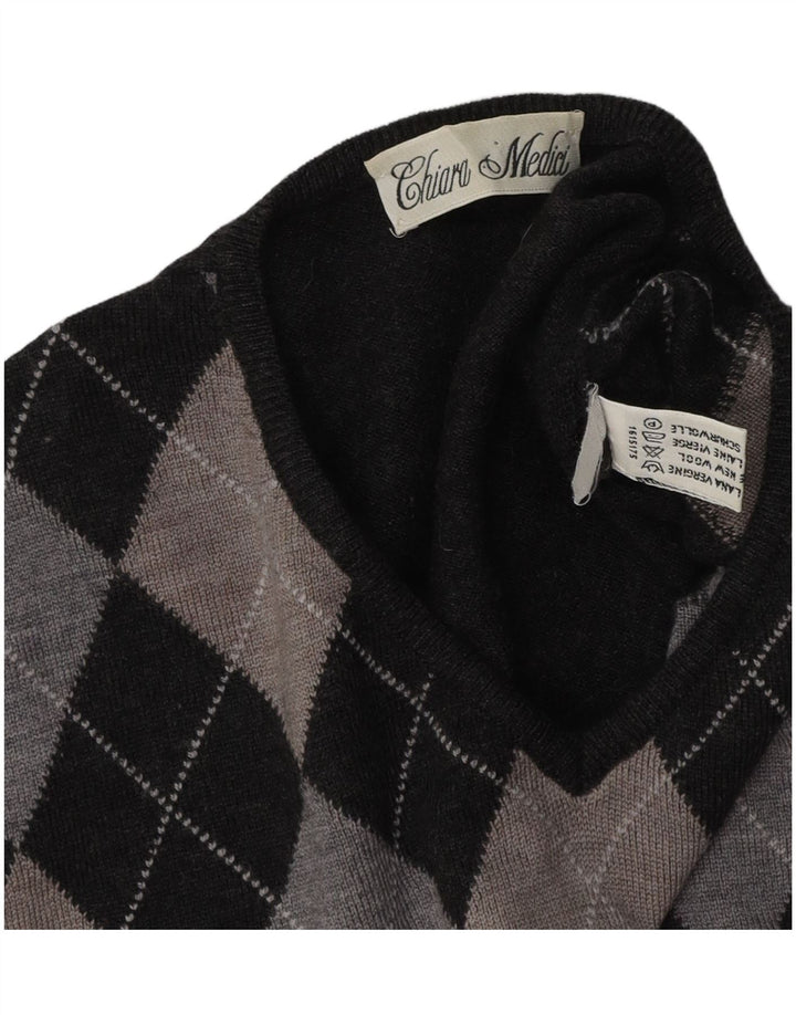 VINTAGE Dame V-hals sweater UK 16 Large Grey Argyle/Diamond