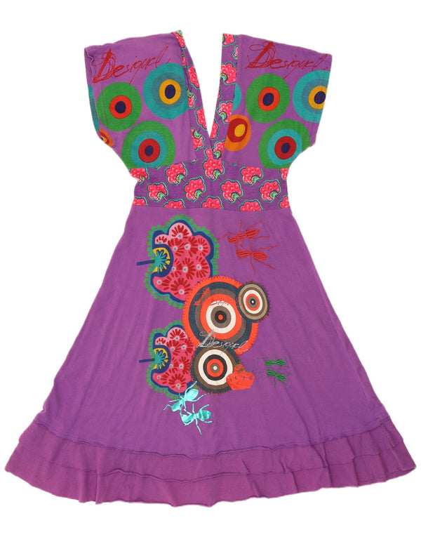 Desigual Kvinders Grafisk Batwing Empire Kjole UK 12 Medium Lilla Bomuld