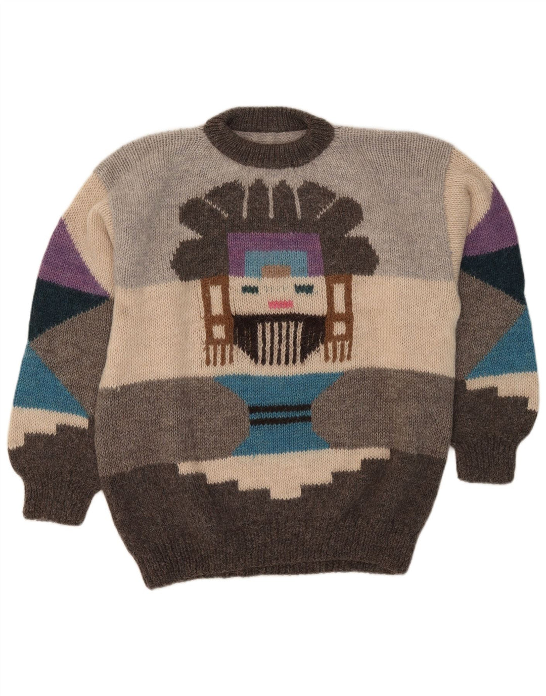 Vintage Herre grafisk rund hals sweater stor grå geometrisk