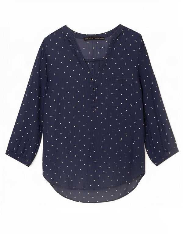 Zara Dame 3/4 ærmet bluse Top UK 10 Small Navy Blue Polka Dot