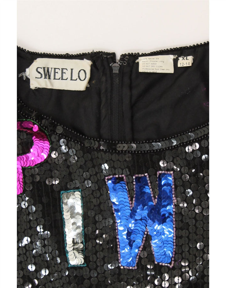 SWEELO Kvinders Grafisk Skede Kjole UK 18 XL Sort Silke