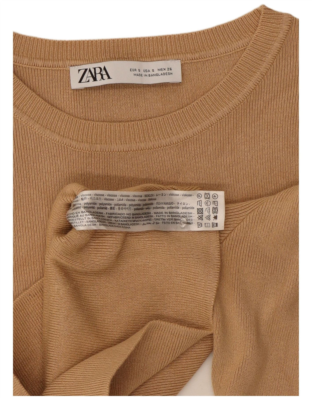 Zara Womens Crop Top Langærmet UK 8 Small Beige Viscose