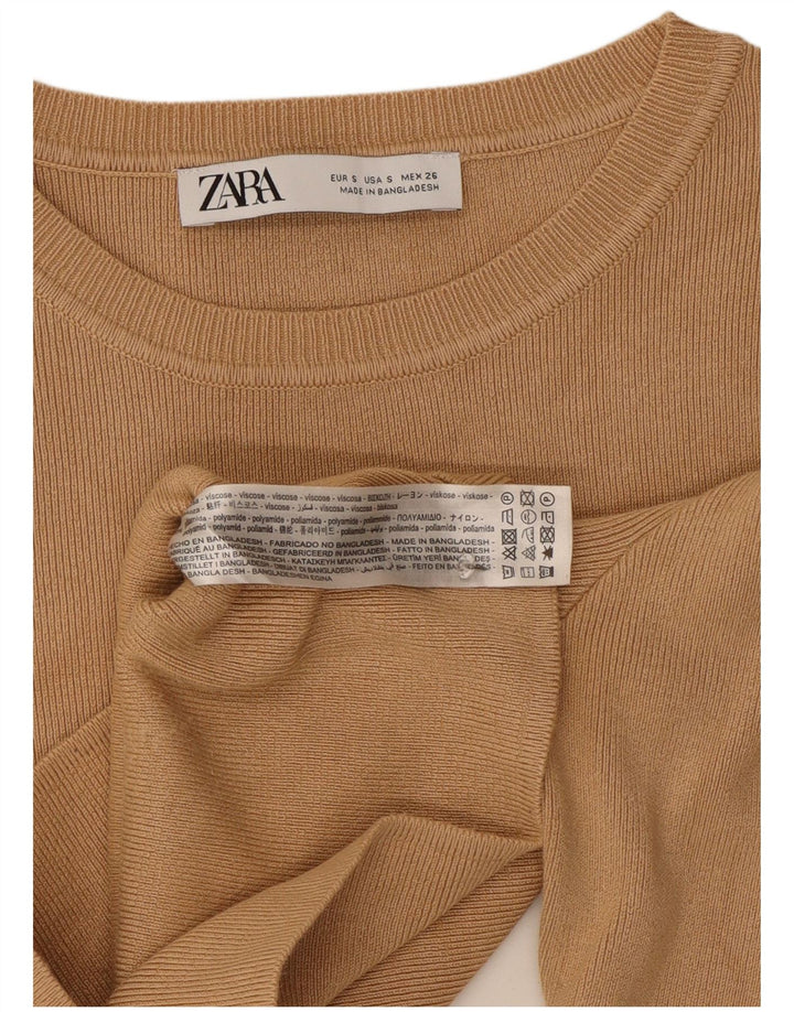 Zara Womens Crop Top Langærmet UK 8 Small Beige Viscose
