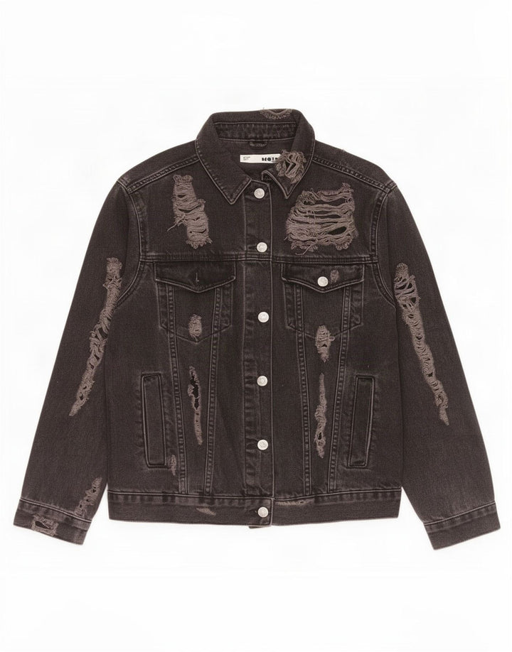 Topshop Dame Distressed Oversized Denim Jacket UK 10 Small Black Bomuld