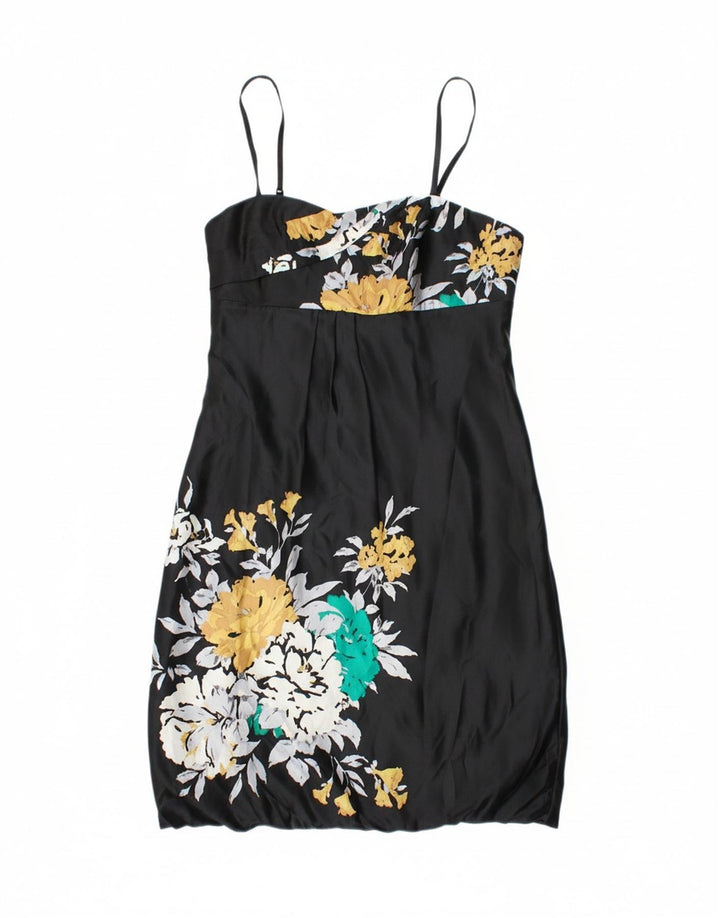 MONSOON Womens Sleeveless Bubble Dress UK 12 Medium Black Floral Silk