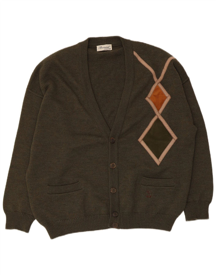 Bramante Herre Cardigan Sweater Large Khaki Argyle/Diamond Virgin Wool