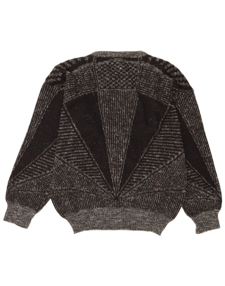 Vintage Herre Boat Neck Jumper Sweater Medium Grey Geometrisk Uld