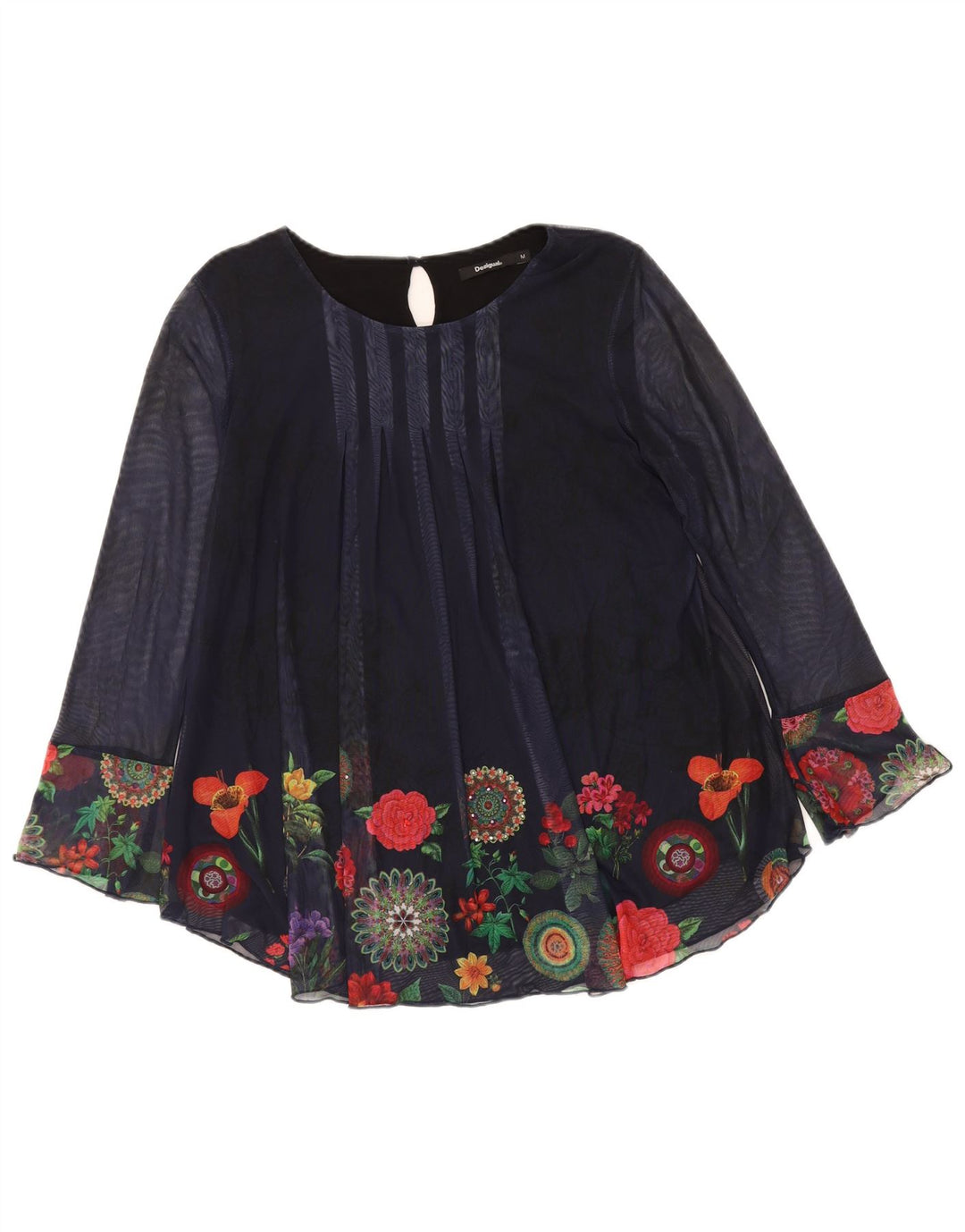 DESIGUAL Dame Langærmet Bluse Top UK 12 Medium Navy Blue Floral