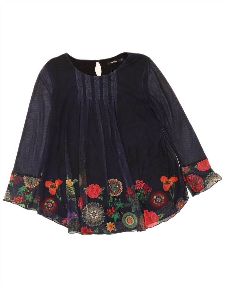 DESIGUAL Dame Langærmet Bluse Top UK 12 Medium Navy Blue Floral