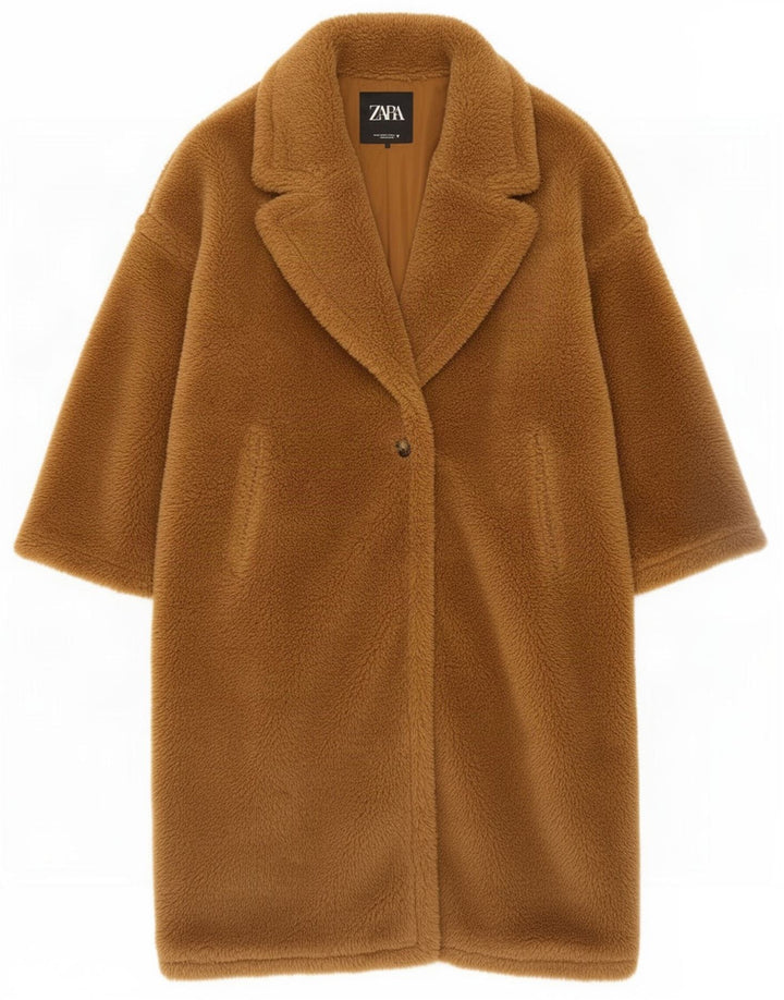 Zara Dame Bamse Oversized Overfrakke UK 14 Medium Brun Polyester