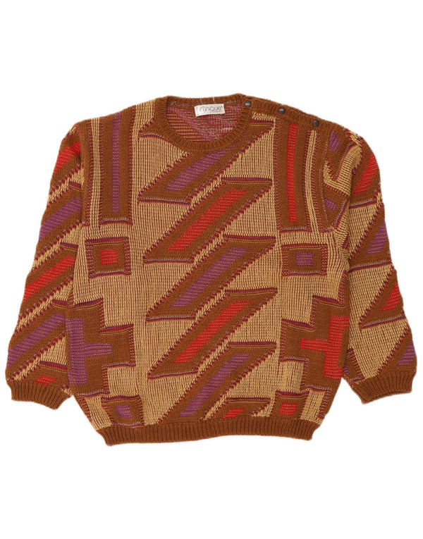 Clinique Dame Crew Neck Jumper Sweater UK 16 Stor Beige Geometrisk Bomuld