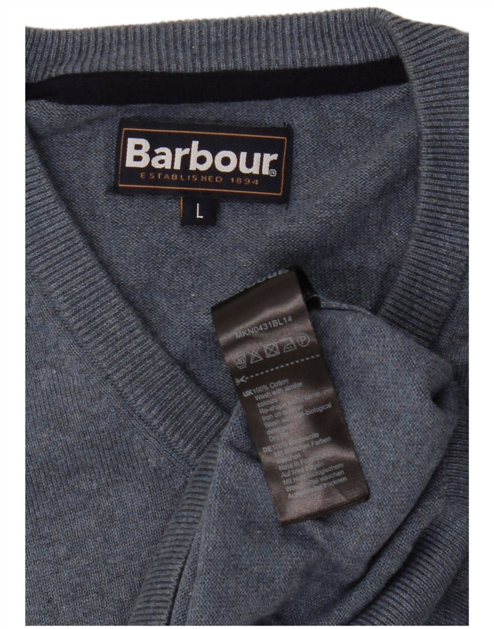BARBOUR Mens V-Neck Jumper Sweater Large Navy Blue Cotton