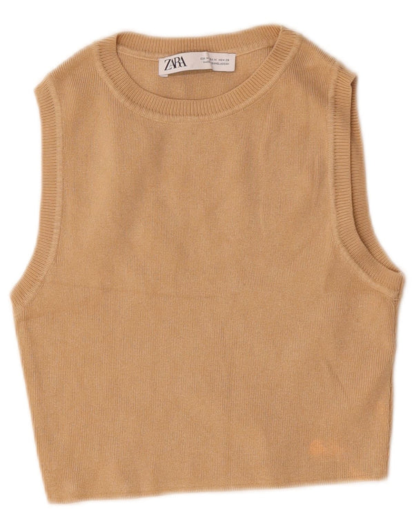 Zara Womens Crop Vest Top UK 12 Medium Beige Viscose