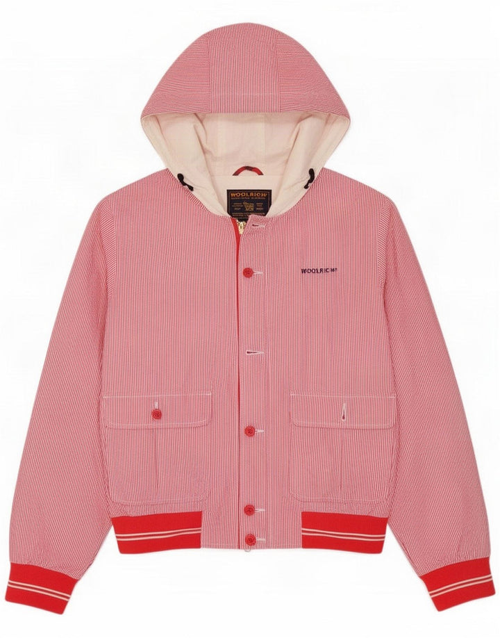 Woolrich Bomberjakke med hætte til drenge 11-12 år rød nålestribet polyester