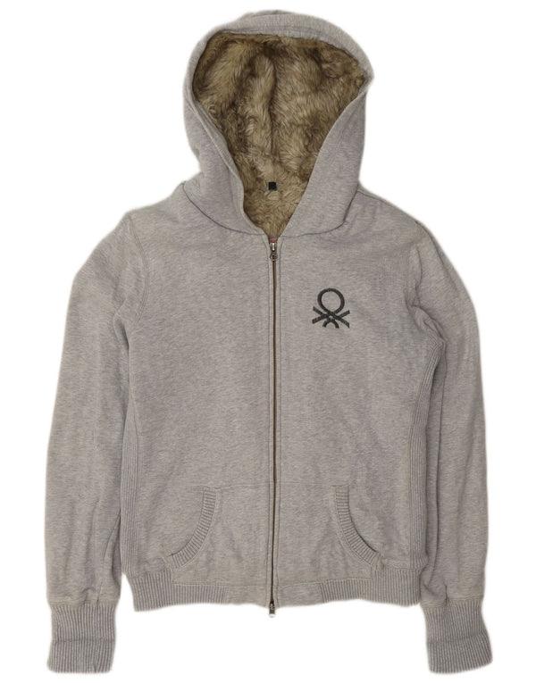 Benetton Dame Sherpa Hættetrøje Sweater med lynlås UK 16 Stor Grå Flecked Bomuld