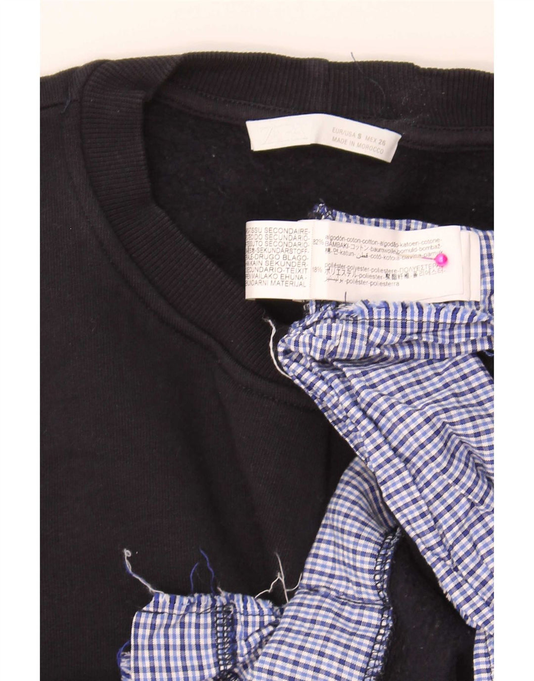 Zara Womens Crop Oversized Sweatshirt Jumper UK 10 Small Navy Blue Check